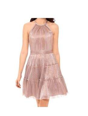 NWT Xscape Rose Gold Metallic Tiered Halter Cocktail Dress Size 8